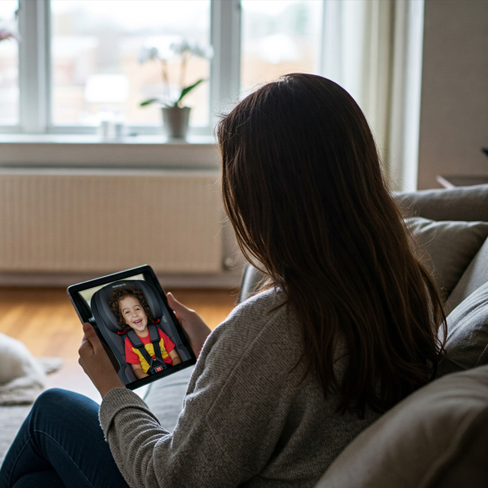 Mother watching child's live video feed during ride